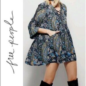 Free People Rain or Shine Boho Dress Black Combo Small O56